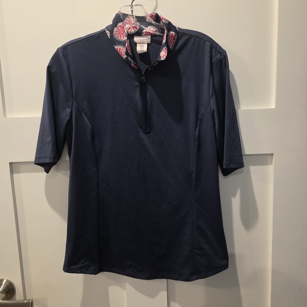 Tommy Bahama Golf 1/4 Zip Polo Shirt Womens M Navy Short Sleeve UPF 50 Tropical